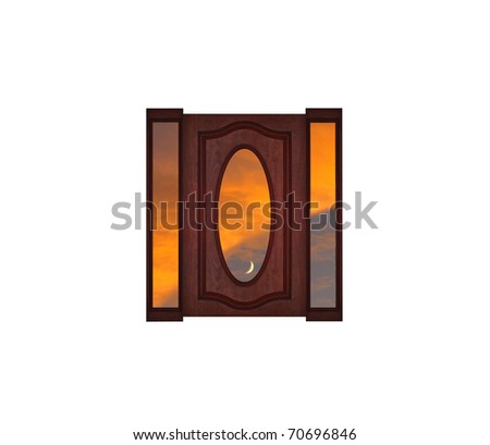A Beautiful wood framed glass window with a sunset reflection in it isolated on white with room for your text.