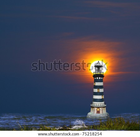 A lighthouse in the bay with the sun on fire through the clouds in the background as it is setting over the horizon.