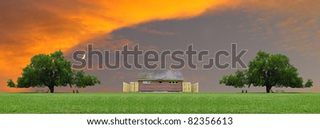 A pair of large oak tress besides an outdoor public restroom facility at a park field with a gorgeous sunset in the clouds behind them