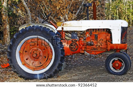 A high contrast shot of an old large orange and antique white Farm Tractor in the woods.