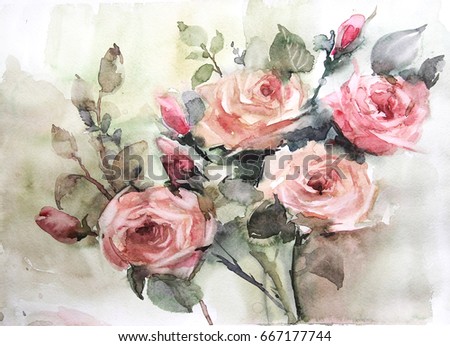 Watercolor still life flowers, dishes, fruit. Be used for design books, album, postcards, invitations. The picturesque quality of the image. Interior painting of a bedroom, bathroom, nursery, kitchen