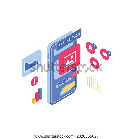UX  UI design, landing page template. Designer creates structure of information blocks of mobile application, Programmer at workplace, Coding, interface and software app development. Flat vector