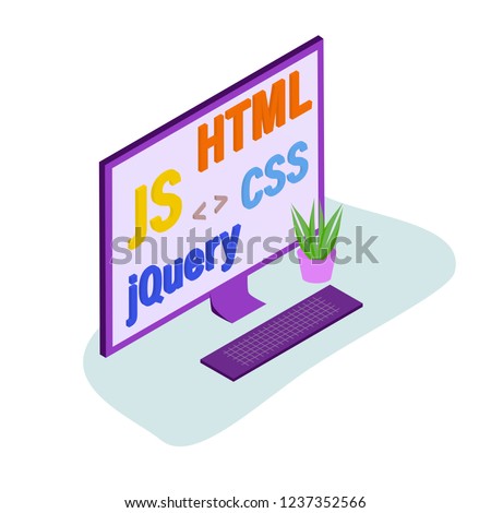 Frontend development. Concept vector illustration with computer and programming languages HTML, CSS, JS, jQuery. 