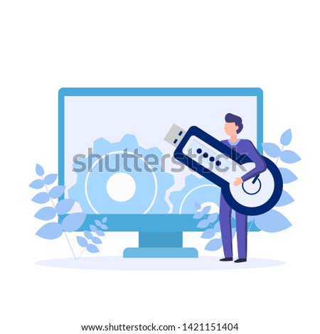 RSA token. Man holding RSA token.  Two-factor authentication device, hardware. Cryptosystem for security. Vector concept illustration.