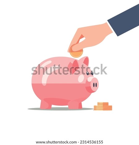 Financial Savings. A hand holding a coin and dropping it into a piggy bank, symbolizing the act of saving money and building financial resources. 