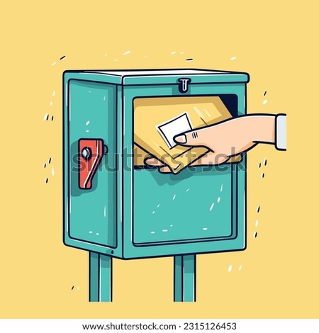 Postal Service. Person's hand holding an envelope or parcel and inserting it into a mailbox. Sending mail
