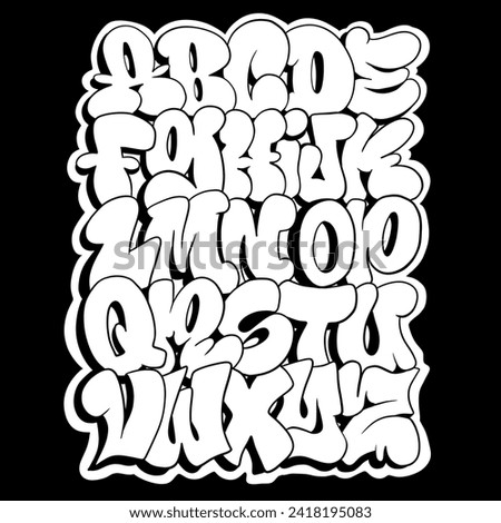 Graffiti Alphabet Graffiti Letters White Color On Black Background And Bubble Style For Poster, Print File, T-Shirt Design.