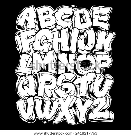 Font set with vector letters in cracked broken Graffiti Street Paint On White And Black Background. Free Wild Style For Wall City Urban. 