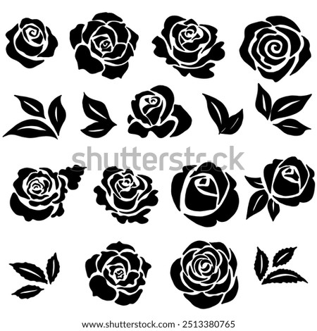 Roses flat black icon set. Rose Art Beautiful Black and White Rose Illustration, Flowers silhouette icons.