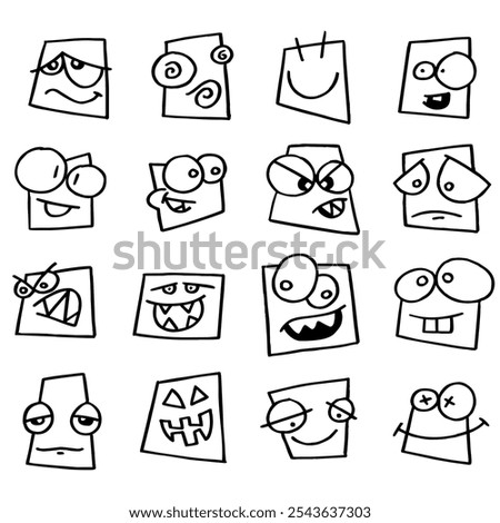 Collection of emoji faces and emoticons in square shape vector graphic format on white background. This collection represents a variety of emotions and expressions, perfect for digital design.