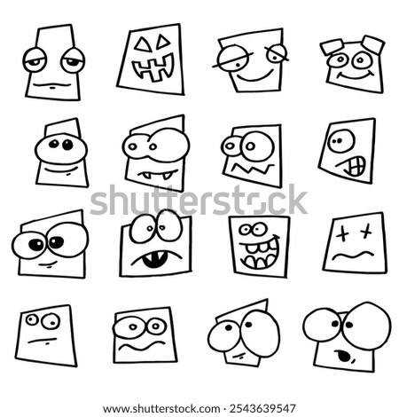 Set of square shaped Doodle Emoticon Face Icons. Hand Drawn Sketch Emojis with Different Emotions and Moods., Abstract, facial images, various emotions, retro colors, fun, illustrations, vectors