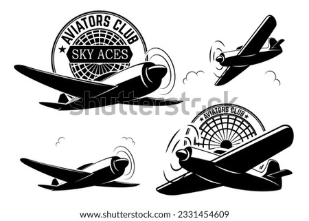 Set of aviators club labels. Planes icons. Avia club emblems. Aeroplane trips. Aviators club logo. Design elements in vector.