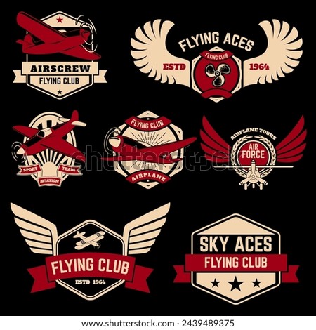 Set of flying club labels and emblems on grunge background. Design elements for logo, label, badge, emblem, sign.