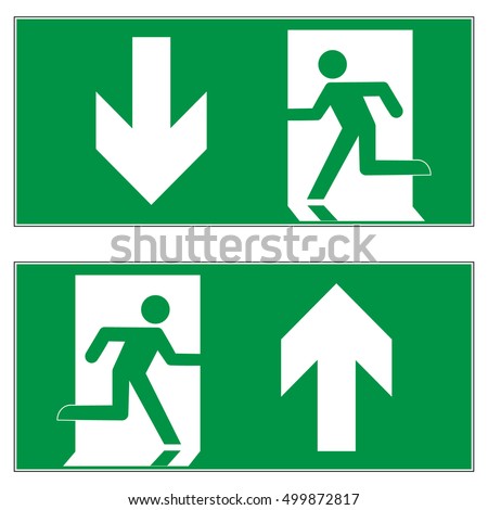 Emergency exit downward, emergency exit upward, escape route signs, vector illustration.