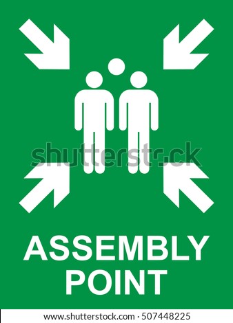 Emergency evacuation assembly point sign, gathering point signboard, vector illustration.