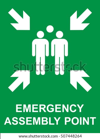 Emergency evacuation assembly point sign, gathering point signboard, vector illustration.