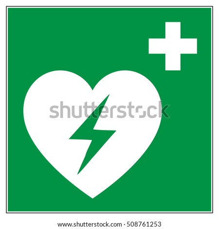 Emergency first aid defibrillator sign. White heart icon and white cross icon on a green square background, vector illustration.