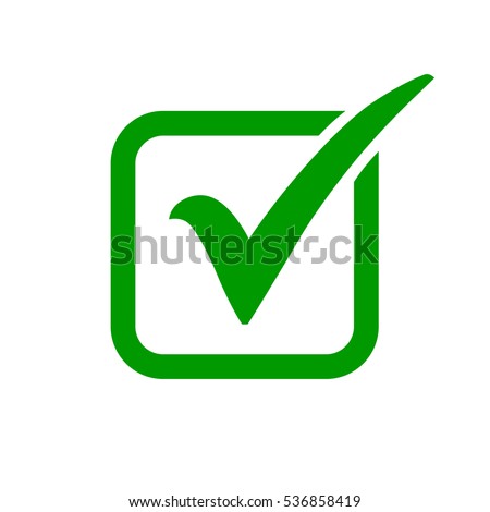Green check mark icon in a box. Tick symbol in green color, vector illustration.