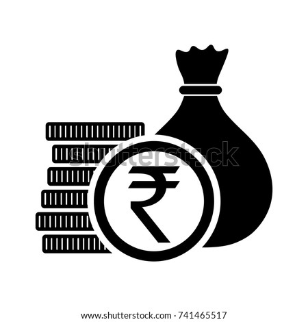 Indian Rupee, money bag with coins and INR currency symbol, vector illustration.