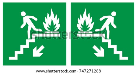 Emergency fire exit downwards stairs, fire escape route signs, vector illustration.