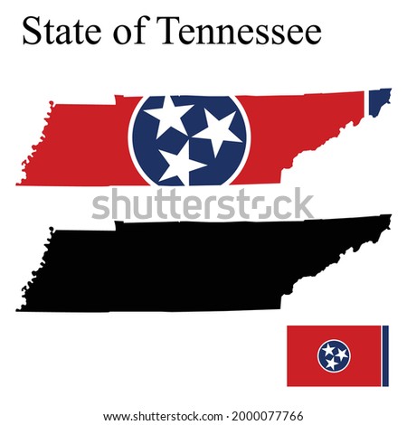 Set of maps of Tennessee (USA). Flag on the map. Silhouette of the card. Vector illustration