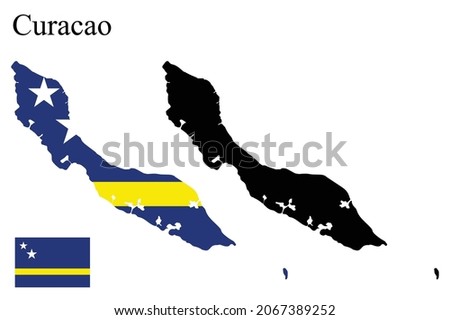 Set of maps of Curacao. Flag on the map. Silhouette of the card. Vector illustration