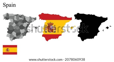 Set of maps of Spain. Flag on the map. Silhouette of the card. Vector illustration