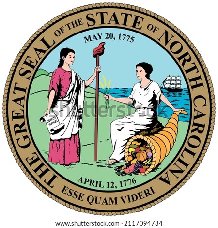 Coat of arms of State of North Carolina is a state in the Southeastern region of the United States. Vector illustration