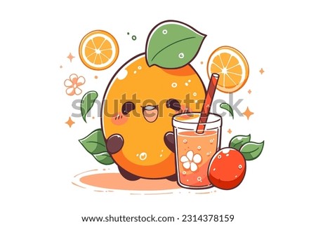 A cute orange character with a smiling face with a glass of freshly squeezed juice