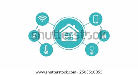 smart home technology illustration vector design equipped with thermostat, light dimmer, smartphone, wifi, lock and music player