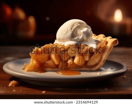 Image, Stock Photo Apple pie with ice cream and cup of coffee. Top view of apple tart slice