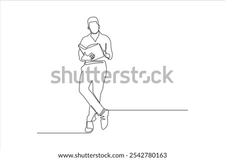 A minimalist line drawing of a person reading a book while leaning against a surface.