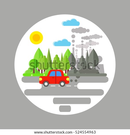 Ecology problem concept. Car and factories pollute the environment. Car and plant emitting smoke which destroy environment. Flat vector illustration of air pollution. Pollution clouds.