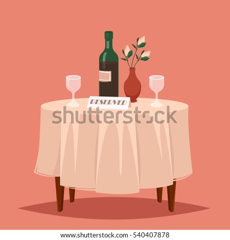 Lovely table in the restaurant for two people. On the table there are two glasses, a bottle of wine and a vase of flowers. The table is reserved. Vector cartoon illustration