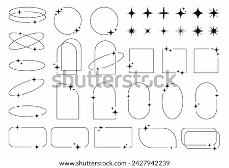 set of minimalistic modern y2k line frames with stars shapes. collection of sparkling vector frame geometric elements circle, square, rectangle. Trendy vector design