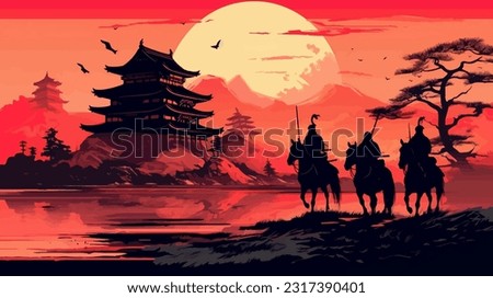 Vector illustration of a group of samurai on horseback with historical japanese castle on the background illustration. Vector illustration of a group of samurai