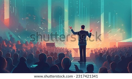 Conference audience and tech speaker giving speech. Business concept illustration of businessman giving a speech on stage.