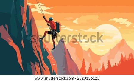 wallpaper with man climbing mountains, flat minimalist style vector illustration. Man climbing mountains illustration