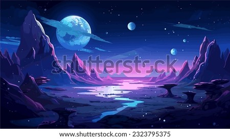 Space game background, night alien fantasy landscape with flying rocks, planets in dark starry sky. Extraterrestrial glowing liquid plasma spots in cracked land surface