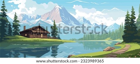 Serene Mountain Lake Cabin Amidst Lush Forest and Majestic Peaks. Landscape of mountain lake cabin amidst lush forest and majestic peaks.