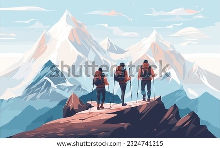 Climbers Group Helping each other Flat Cartoon Vector Illustration. Teamwork Concept. People with Backpacks or Backpacks Hiking in Mountains.