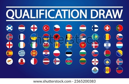 2024 championship qualifying table isolated on a blue background. National football teams badges. All participating countries. All groups. Vector illustration.