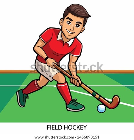 Field hockey athlete isolated on white background in cartoon style. Summer Games 2024. Vector illustration.