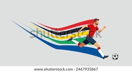 Football athlete isolated on blue background with a colored train behind the back. Summer Games 2024. Vector illustration.