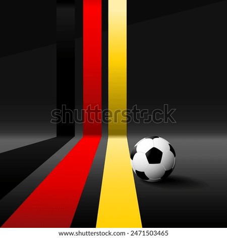 Football poster isolated on dark background. The ball is near colored ribbons in the colors of the German flag. Summer Games 2024. Vector illustration.