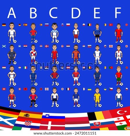 The final draw for the 2024 championship isolated on blue background. National football team badges and flags with football players in uniform. All participating countries. All groups. Vector.