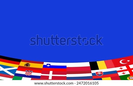 Football poster isolated on blue background. The ball is near the colored numbers. Flags of participating countries. Vector illustration.