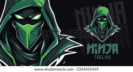 Green Ninja Assassin Logo Design: Logo, Mascot, Illustration, Vector Graphic for Sport and E-Sport Teams, Ninja Assassin Mascot Head
