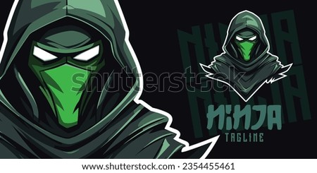 Green Ninja Assassin Illustrated: Logo, Mascot, Illustration, Vector Graphic for Sport and E-Sport Gaming Teams, Killer Ninja Mascot Head
