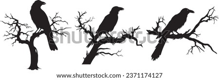 Vector Design Set for Spooky Halloween Night: Silhouette Raven Bird at Bare Tree Branches Entrance, Raven Dead Tree